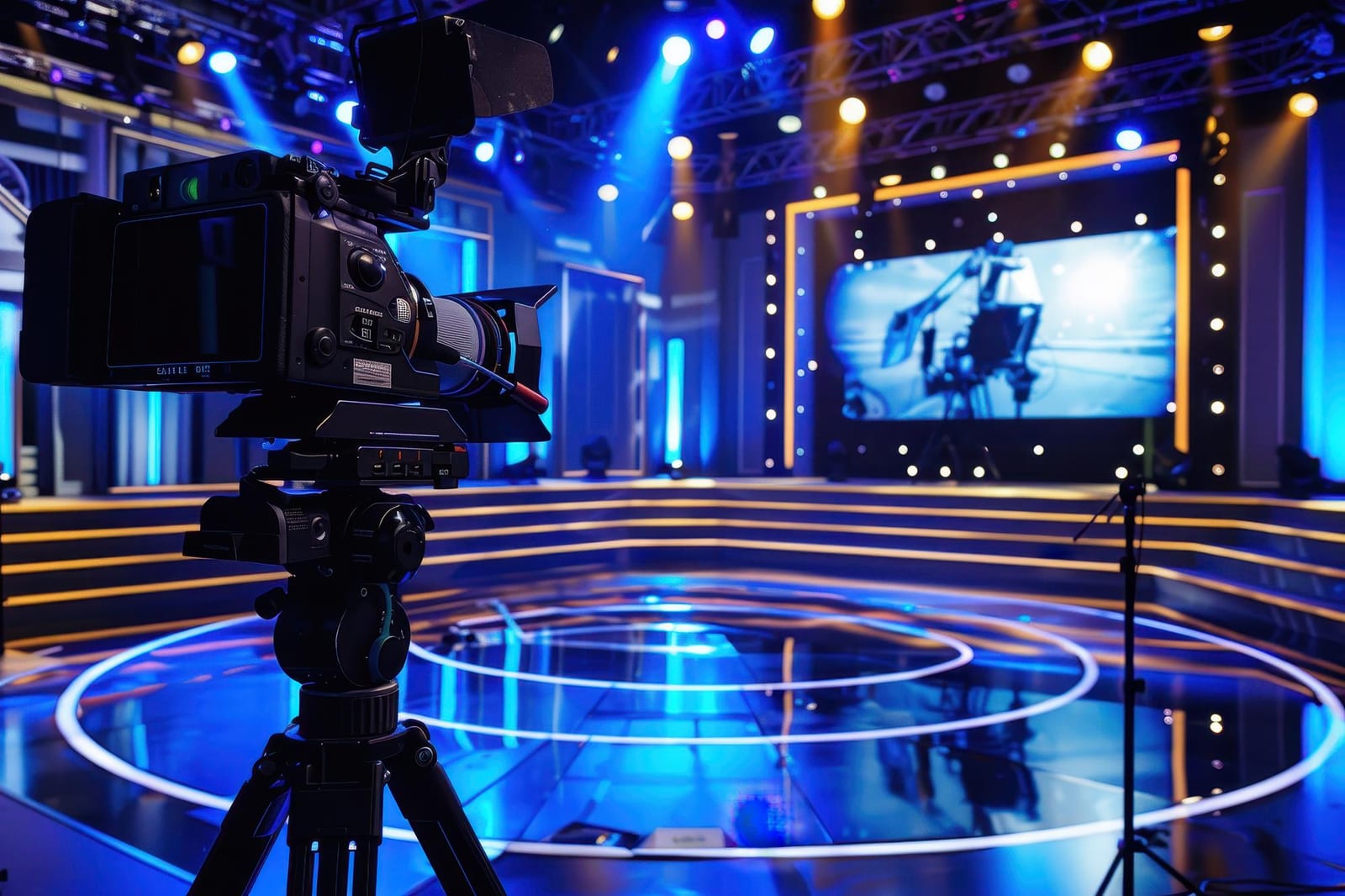 Painel de LED e câmeras montados em um cenário de TV